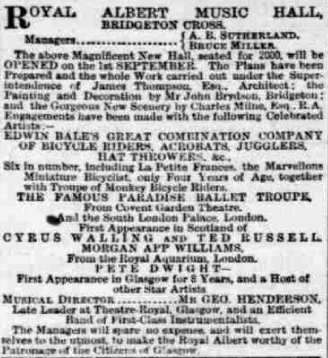 An advertisement in the Glasgow Herald of August 1879 for the new Royal Albert Music Hall, Bridgeton.