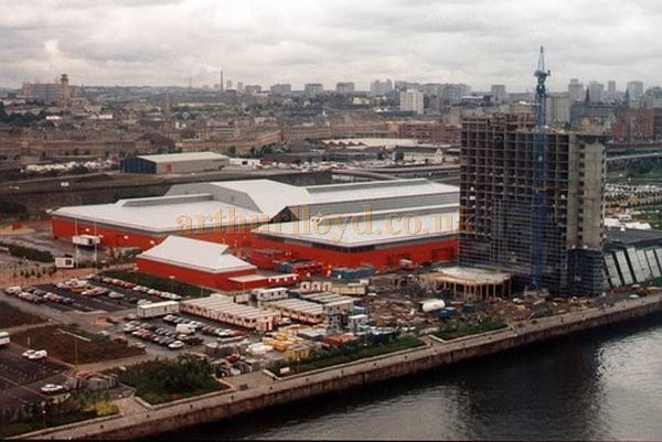 The Scottish Exhibition & Conference Centre photographed in 1988 with the Forum Hotel under construction on the banks of the former Queen's Dock, Glasgow - Courtesy Graeme Smith.
