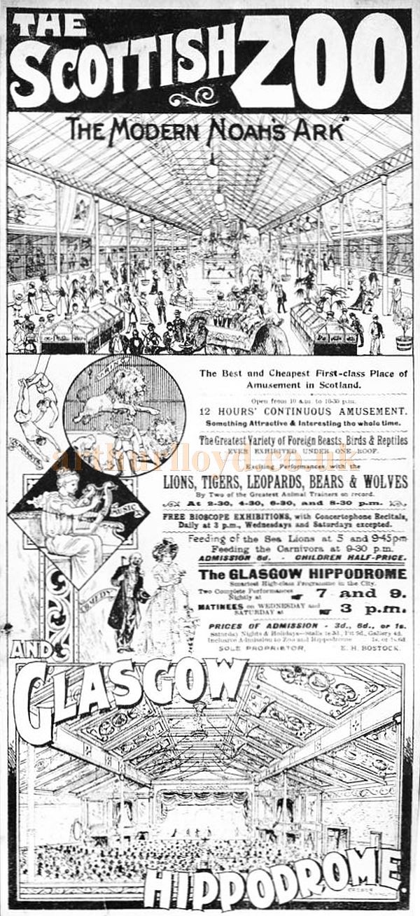 A 1908 newspaper advertisement for the Scottish Zoo & Glasgow Hippodrome, New City Road, for 12 hours of amusement each day. At the foot it shows the interior of the Hippodrome - Courtesy Graeme Smith.