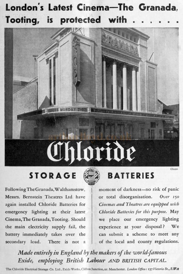 An Advertisement for Chloride Storage Batteries, as fitted in the Granada Theatre, Tooting - From the Bioscope Cinema Magazine of October 7th 1931.