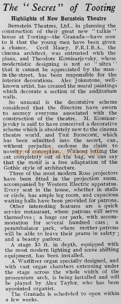 A report on the highlights of the soon to be opened Granada Theatre, Tooting - From the Bioscope Cinema Magazine, August 26th 1931.