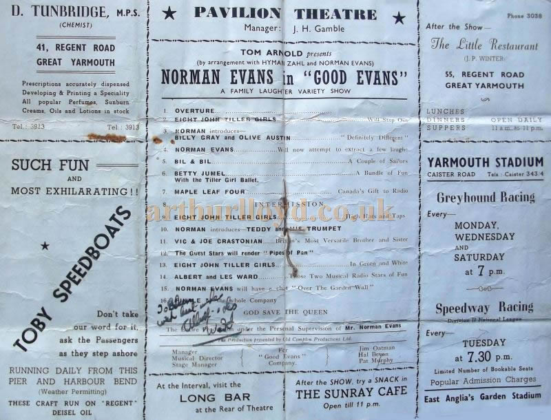 A Programme for Norman Evans in 'Good Evans' at the Pavilion Theatre on the Britannia Pier, Great Yarmouth - Courtesy Roy Cross.