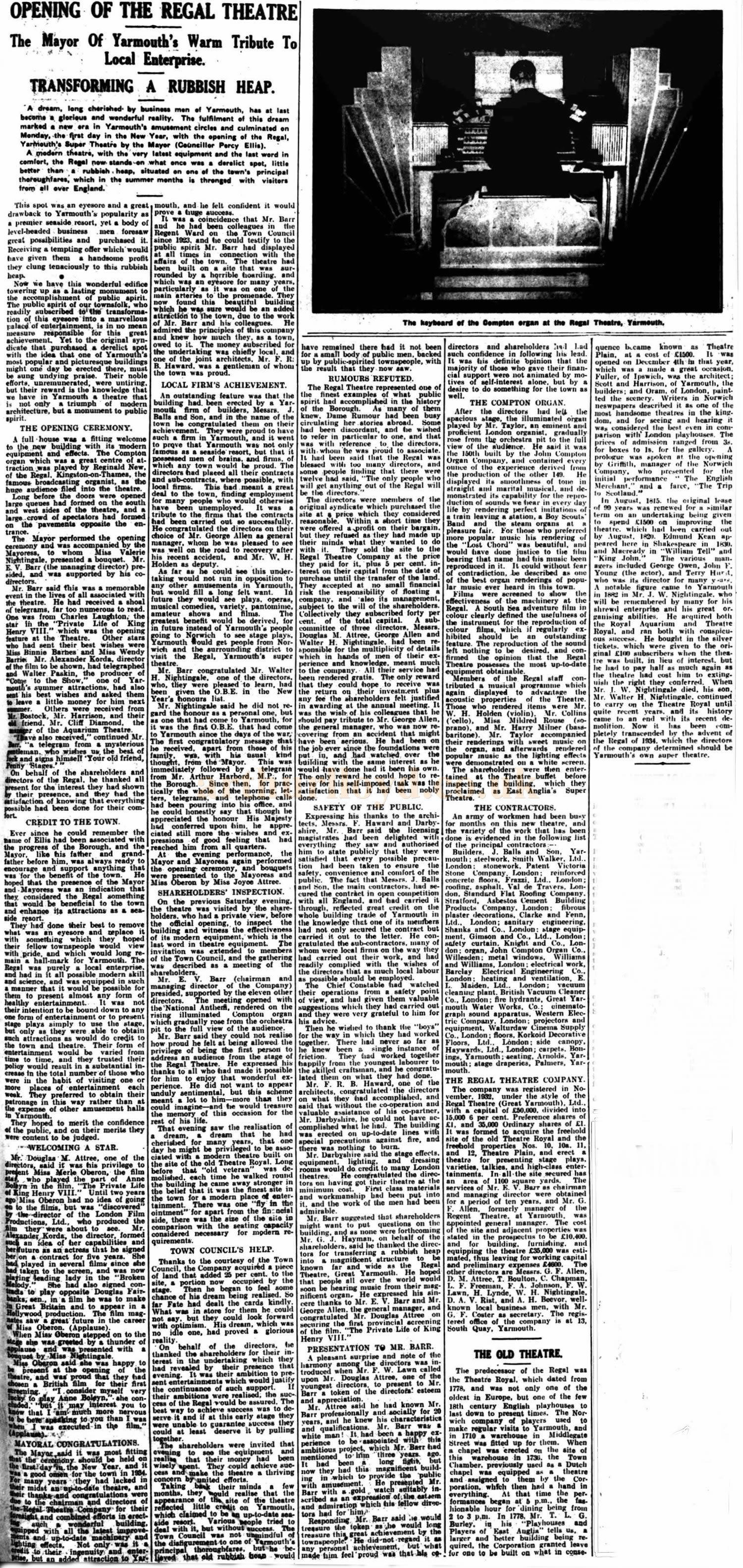 A Full Page Article on the Opening of the Regal Theatre, Great Yarmouth in 1934 - From The Yarmouth Independent, 6th of January 1934.