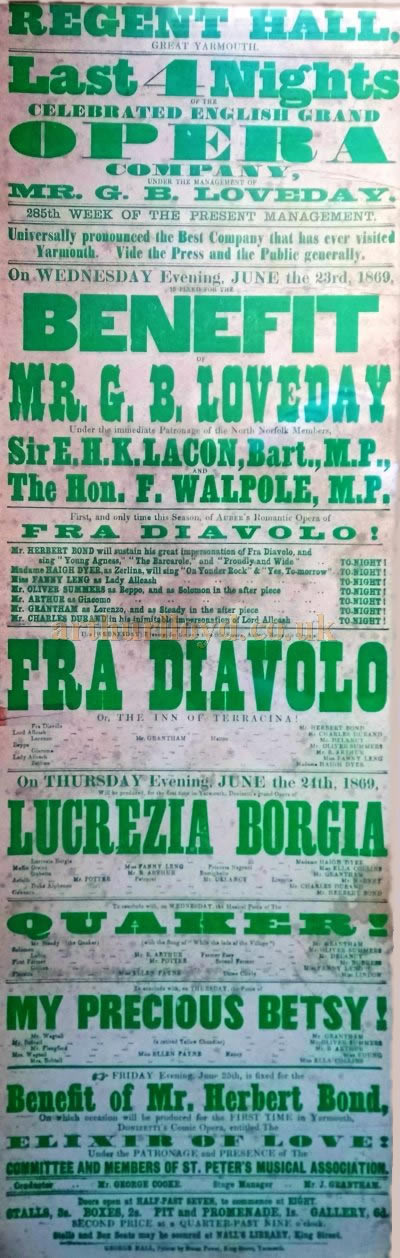 An early Poster for the Regent Hall, Great Yarmouth for June 1869 - Courtesy Colin Tooke.
