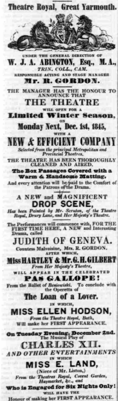 An Early Advertisement for the Theatre Royal, Great Yarmouth - From the Norfolk Chronicle, 29th of November 1845.