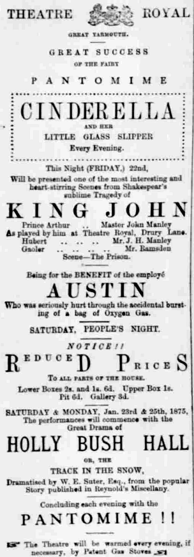 An Advertisement for the Theatre Royal, Great Yarmouth - From the Yarmouth Gazette and North Norfolk Constitutionalist, 23rd of January 1875.