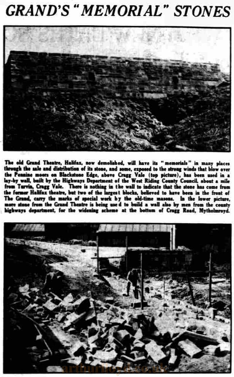 An article and images showing the reuse of some of the stonework from the former Grand Theatre, Halifax in 1959 - From the Halifax Evening Courier, 7th May 1959.