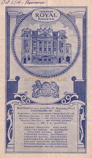 A programme for a production of 'Romance' by Edward Sheldon at the Theatre Royal, Halifax in October 1919.