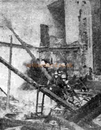 Fire fighters pictured in the shell of the Theatre Royal Hebburn after it was destroyed by fire in October 1950 - From the Shields Daily News, 7th of October 1950.
