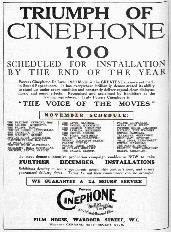 An Advertisement for Powers Cinephone 'Sound Reproducers' latest installations including the Majestic Theatre, High Wycombe - From The Bioscope, 6th of November 1929.