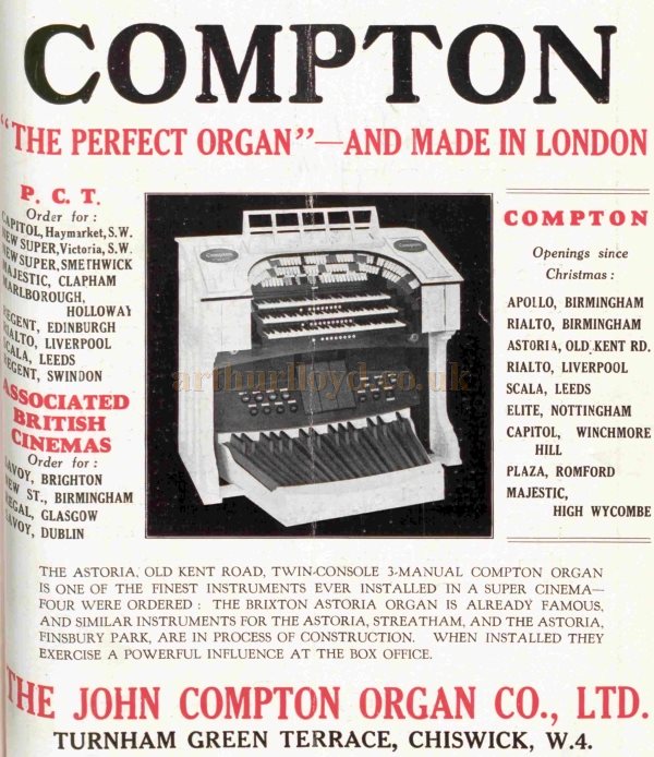 An Advertisement for Compton Theatre Organs, as installed at the Majestic Theatre, High Wycombe amongst others - From The Bioscope 19th of March 1930.