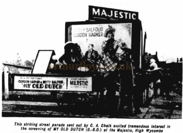 A Street Parade Advertising the Film 'My Old Dutch' at the Majestic Theatre, High Wycombe in 1934. Street Parades like this were quite a regular feature in High Wycombe in the 1930s - From the Kinematograph Weekly, 6th of December 1934.