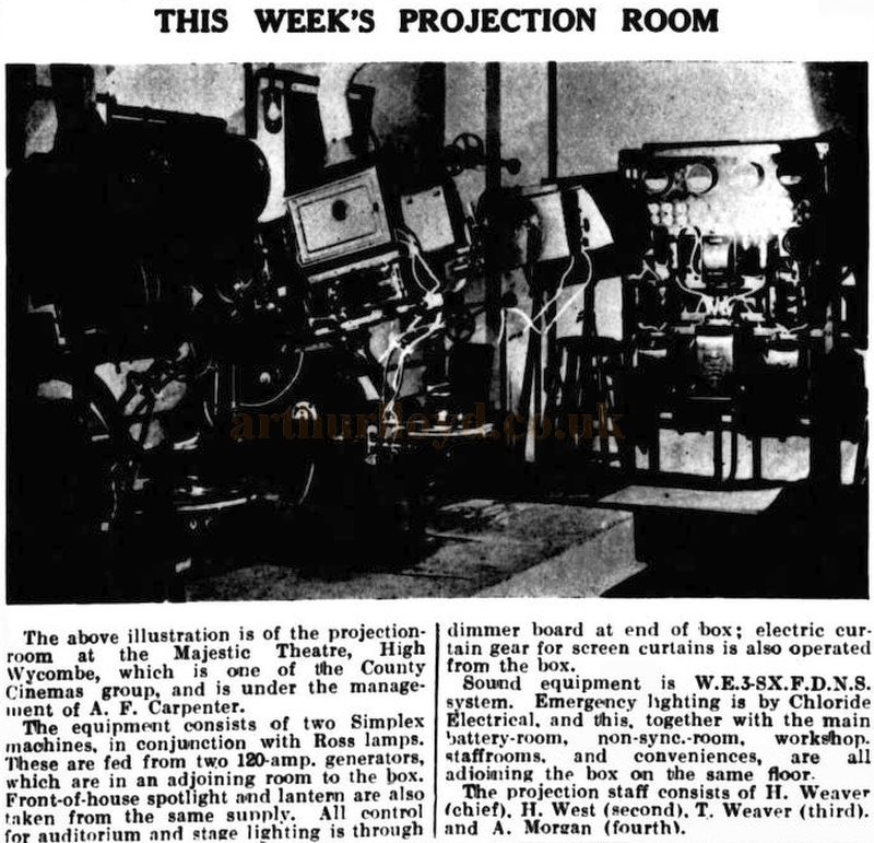 A photograph and Information on the Projection Room at the Majestic Theatre, High Wycombe - From The Kinematograph Weekly, 8th of July 1933.