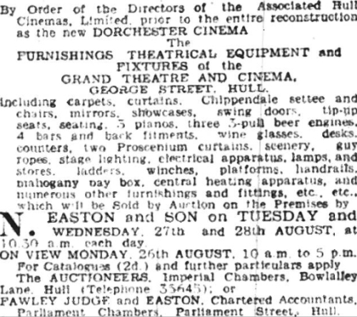 An Advertisement for the sale of the fixtures and fittings of the Grand Theatre and Cinema before it's reconstruction as the Dorchester Cinema in 1935 - From the Yorkshire Post and Leeds Intelligencer, 17th of August 1935.