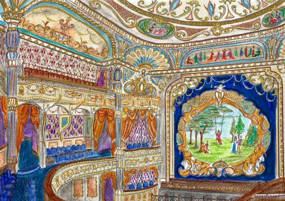 A Painting by George Richmond depicting the Auditorium and Stage of the Grand Theatre and Opera House, Hull in 1893. The painting is based on the sketch shown further up on this page, and colours where suggested by contemporary articles also shown here - Click for an Index to all of George Richmond's Paintings on this site. 