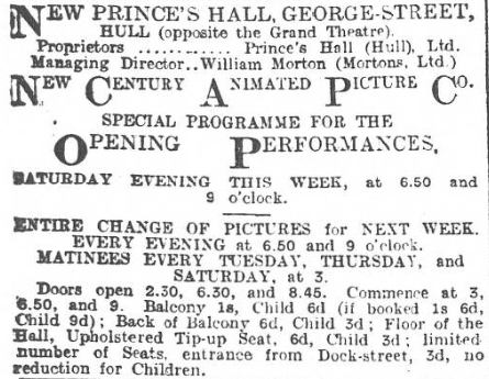 An Opening Advertisement for the Princes Hall, Hull - From the Hull Daily Mail, 28th of June 1910.