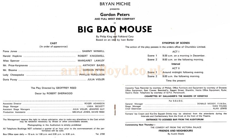 Cast Details from a Programme for 'Big Bad Mouse' at the Shanklin Theatre - Kindly donated by the Scenic Designer Robert Sherwood, mentioned in the programme.