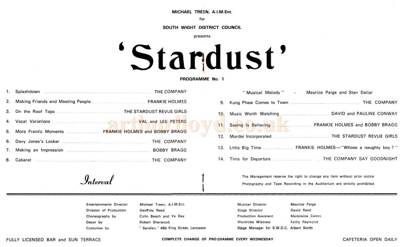 Cast Details from a Programme for 'Stardust' at the Winter Gardens Vetnor - Kindly Donated by the Scenic designer Robert Sherwood mentioned on the programme.