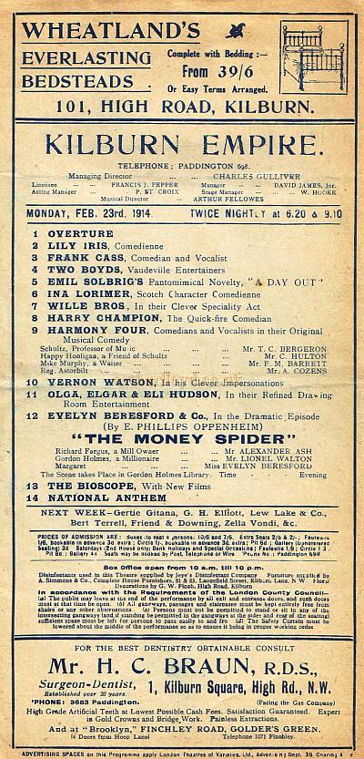 Details from a Variety Programme for the Kilburn Empire Theatre in February 1914