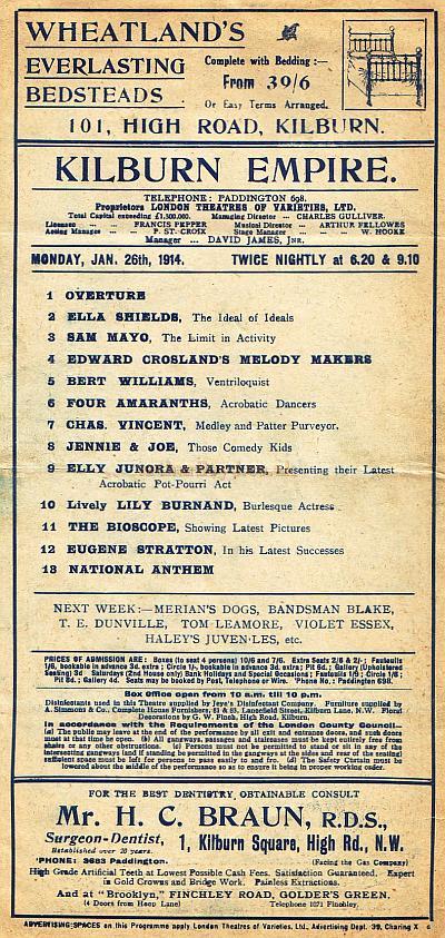 Details from a Variety Programme for the Kilburn Empire Theatre in January 1914