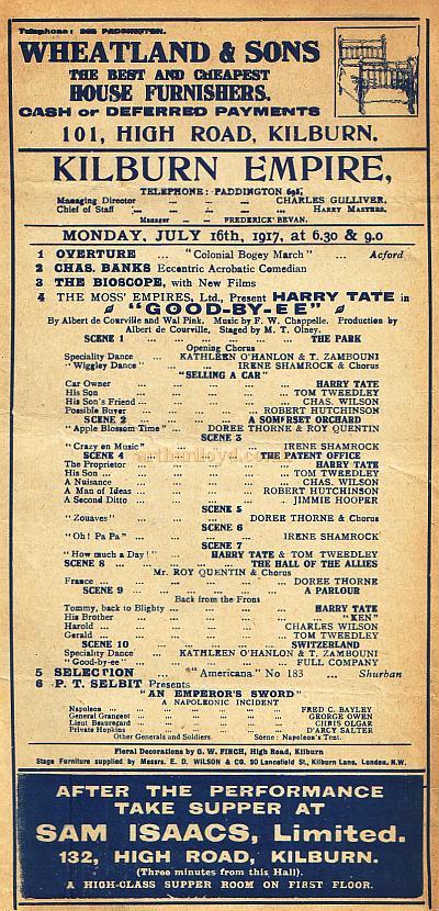 Details from a Programme for 'Good-By-EE' with Harry Tate at the Kilburn Empire Theatre in July 1917