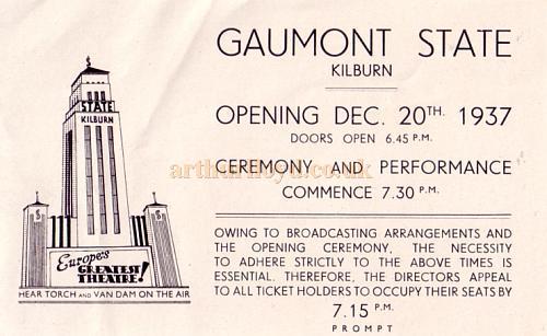 Tickets for the opening of the Gaumont State Theatre, Kilburn, 20th of December 1937