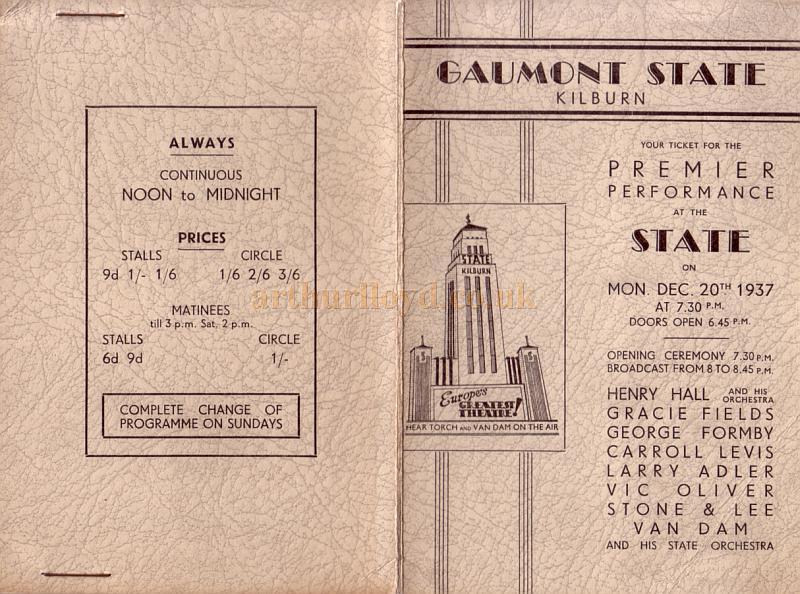 Tickets for the opening of the Gaumont State Theatre, Kilburn, 20th of December 1937