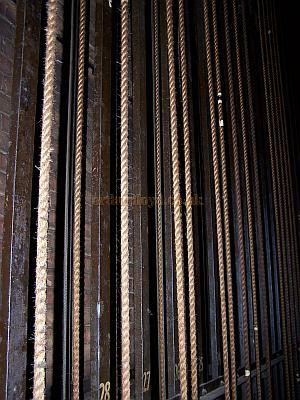 The ropes and counterweights in the stage left fly floor of the Gaumont State, Kilburn in April 2009 - Photo M. L. - 'The counterweights (of which there are 40 sets) the technical term for the apparatus controlling and raising and lowering of the stage draperies and scenery.'