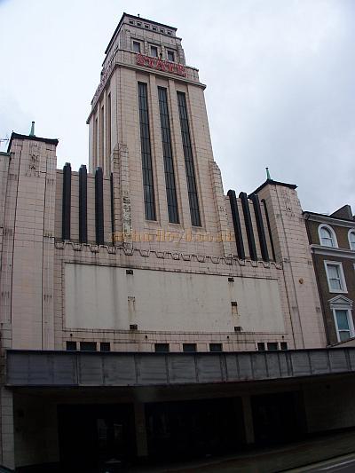 The exterior of the Gaumont State, Kilburn in April 2009, showing the tower where the broadcasting studio was housed - Photo M.L.