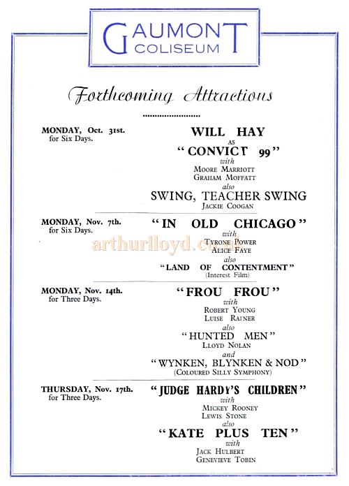 The reopening programme for the Leeds Coliseum / Gaumont Cinema in 1938
