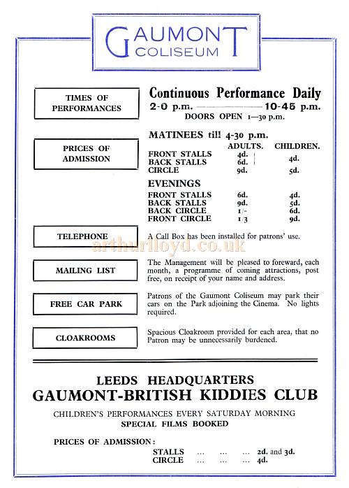 The reopening programme for the Leeds Coliseum / Gaumont Cinema in 1938