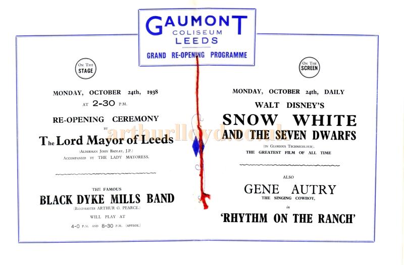 The reopening programme for the Leeds Coliseum / Gaumont Cinema in 1938