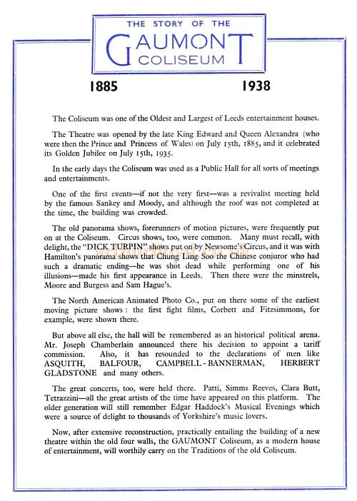 The reopening programme for the Leeds Coliseum / Gaumont Cinema in 1938