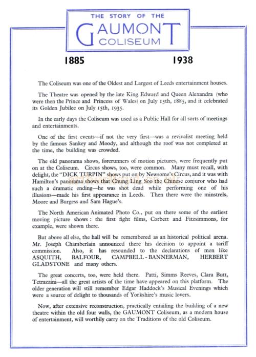 A page from the reopening programme for the Leeds Coliseum / Gaumont in 1938 - Courtesy Elaine Forde - Click to see the whole programme.