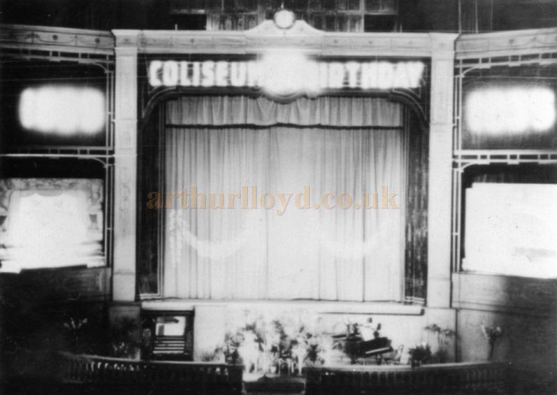 The stage of the Leeds Colisium on the occasion of the Theatre's 50th birthday in 1935 - Courtesy Elaine Forde whose father, George Henry Webster, worked as a projectionist at the Theatre for several decades.