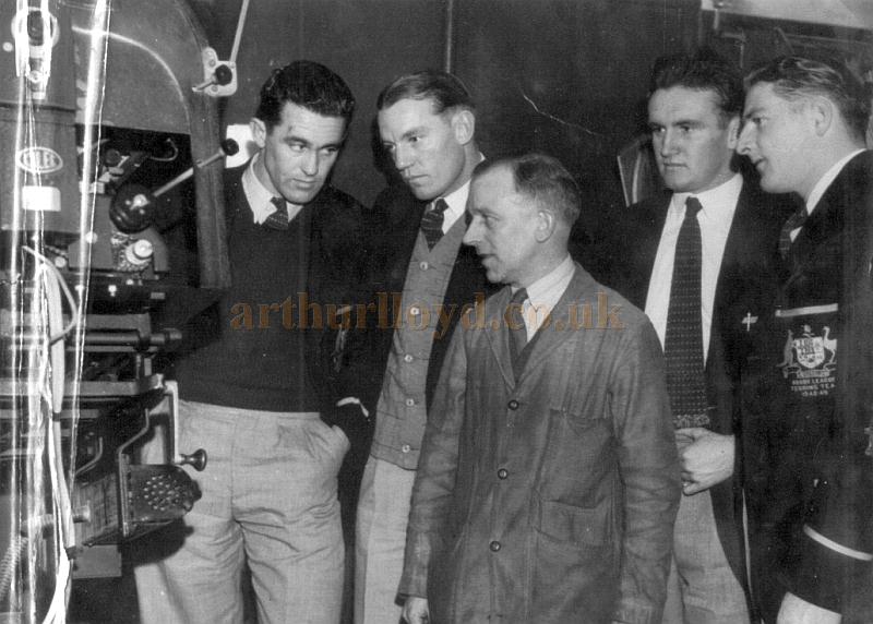 Gaumont Projectionist, George Webster, with members of the Australian Rugby League Touring Team of 1948/9 are shown the Theatre's projectors - Courtesy Elaine Forde.