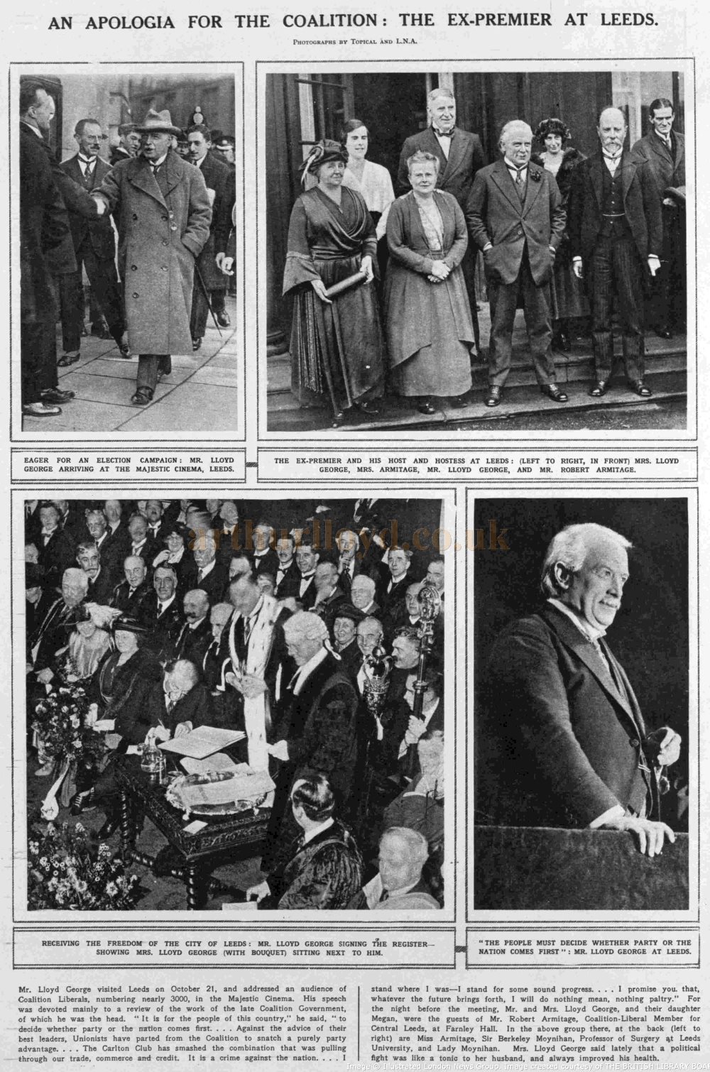 A Photo Montage showing the former Prime Minister Lloyd George (From 1916 to 1922) receiving 'The Freedom of the City' at the Majestic Theatre, Leeds in October 1922 - From the ILN, 28th of October 1922.
