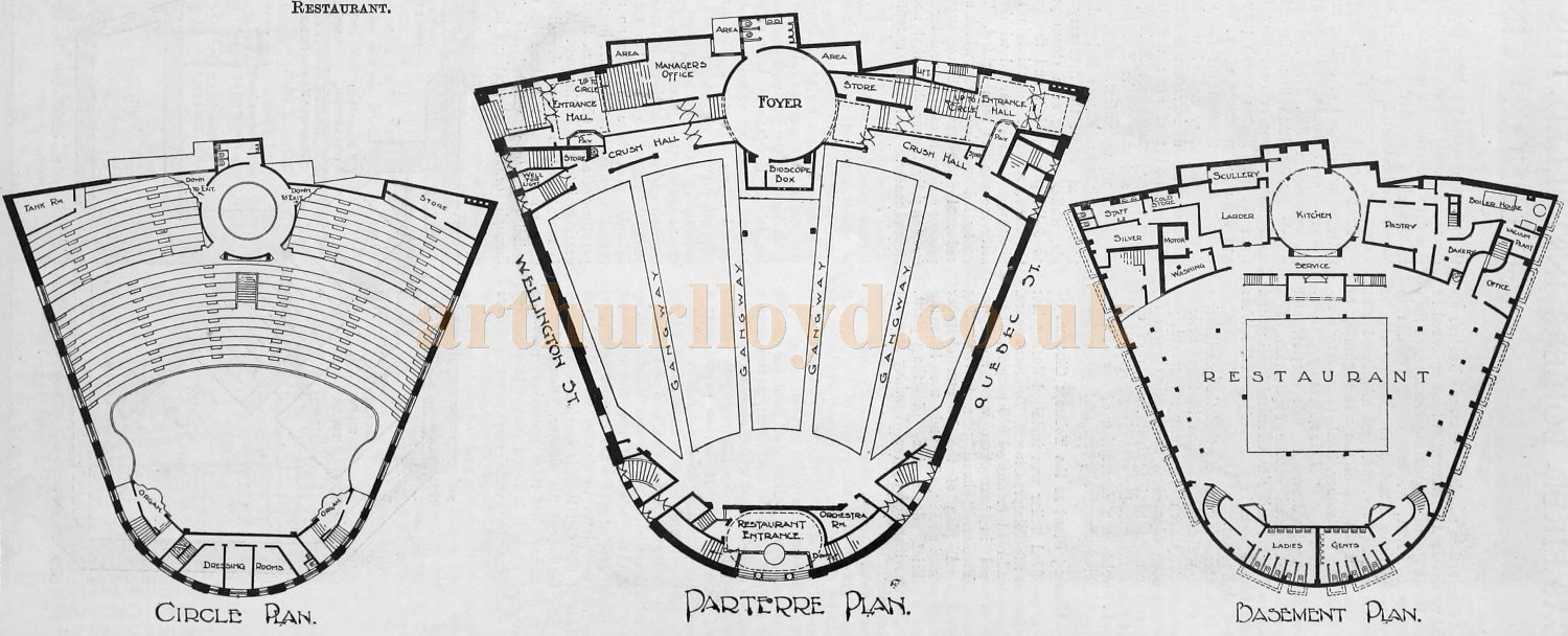 Circle, Parterre, and Basement Plans for the Majestic Theatre, Leeds in 1924 - From The Builder, 14th of November 1924.