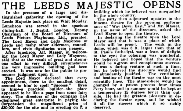 A Report on the Opening of the Majestic Theatre, Leeds - From the Kinematograph Weekly, June 15th 1922.