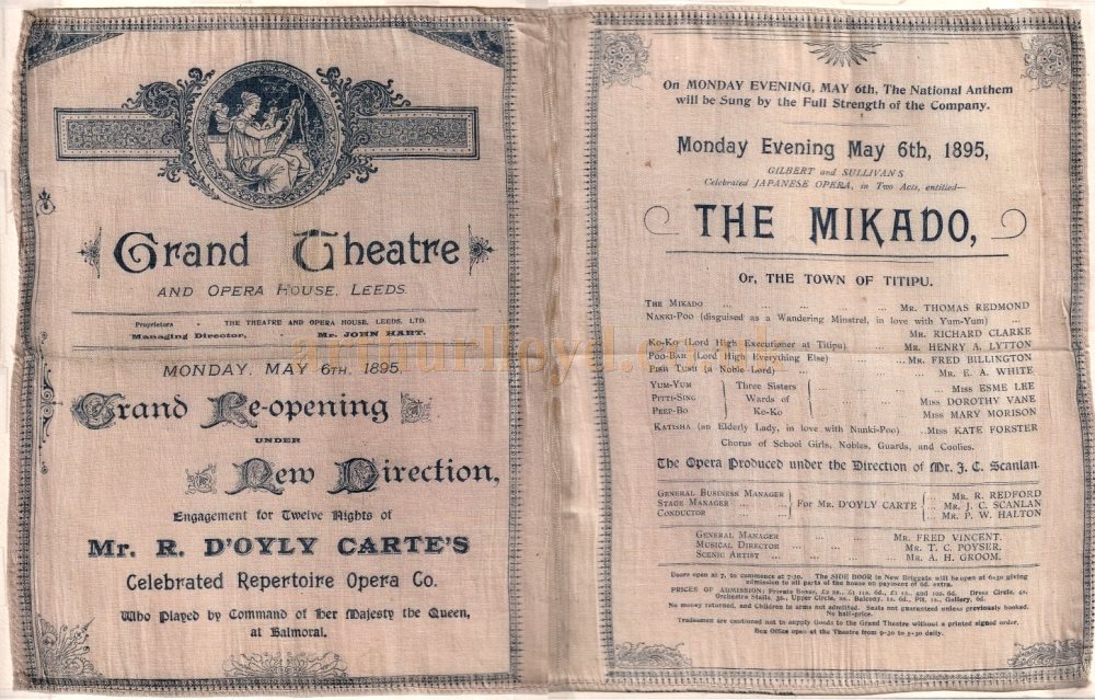 A Silk Programme for the production of 'The Mikado' which reopened the Grand Theatre, Leeds under John Hart's Management in May 1895 - Courtesy Simon Moss, stagememories - From the John Cannon Collection.