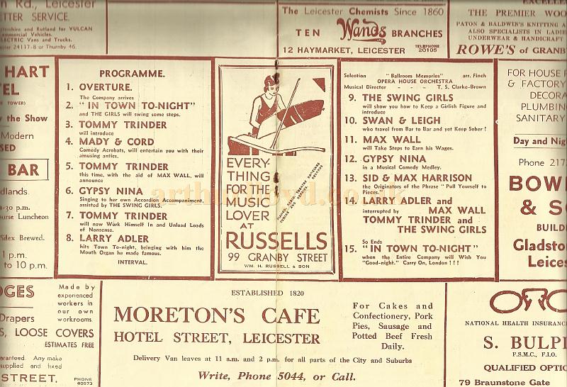 A programme for 'In Town Tonight' at the Royal Opera House, Leicester on the 28th of February 1938 - Courtesy David Garratt 