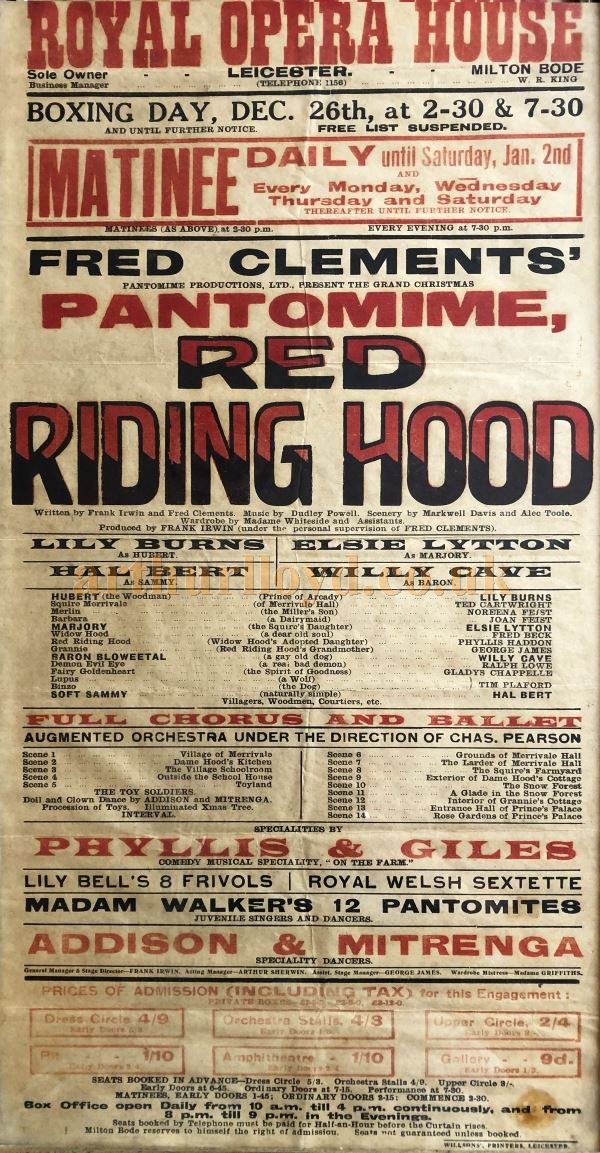 A poster for the Pantomime 'Red Riding Hood' at the Royal Opera House, Leicester - Courtesy Paul Kemp.