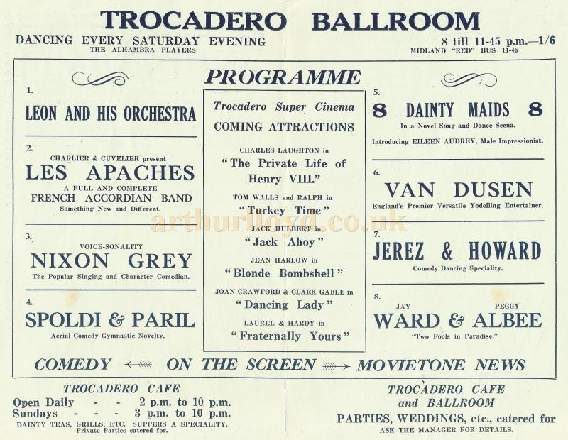 A programme for a 'Full Variety Programme' at the Leicester Trocadero for Monday the 7th of May 1934 - Courtesy David Garratt.