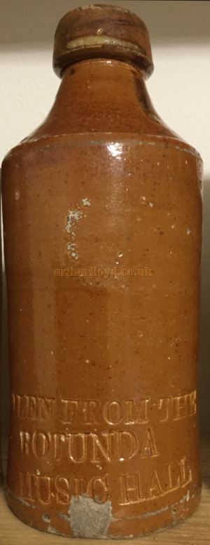 A very rare survivor from the Rotunda Music Hall, Liverpool, a Ginger Beer Bottle engraved with the words 'Stolen From The Rotunda Music Hall'. This appears to have been made in the 1870s as a returnable bottle for refreshment during the entertainment - Photo kindly sent in by Bob Houghton from his extensive collection of Liverpool related bottles and jars.