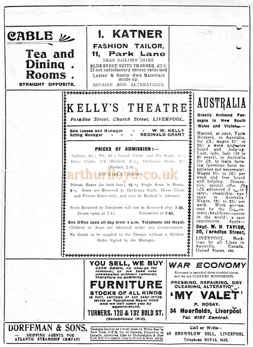 A Programme for the week of April 26th 1915 at Kelly's Theatre, Liverpool - Courtesy Roy Cross