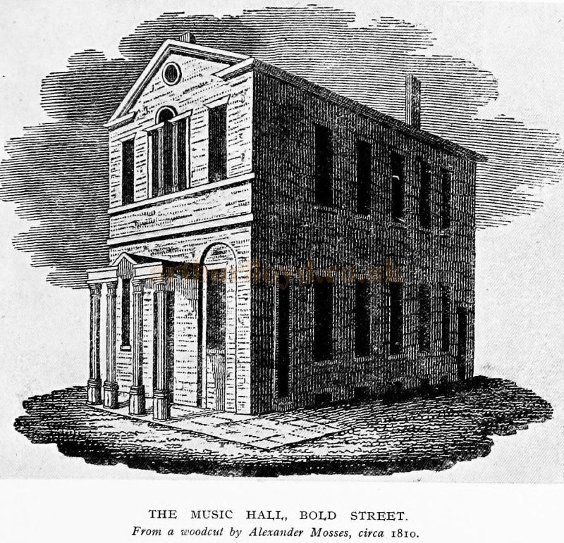 A Woodcut by Alexander Mosses of the Bold Street Music Hall, Liverpool in around 1810 - From 'The Annals of the Liverpool Stage' by R. T. Broadbent, first published in 1908.