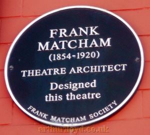 A Plaque situated on the exterior of the Olympia Theatre, Liverpool, dedicated to its Architect, Frank Matcham - Courtesy Alfred Mason. 