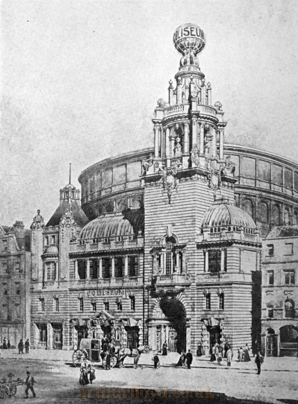 An Artist's Sketch of the Front of the London Coliseum - From The Builders' Journal and Architectural Record 26th October 1904. Note that the Circular Roof shown here is not how the Theatre looked when it was finished.