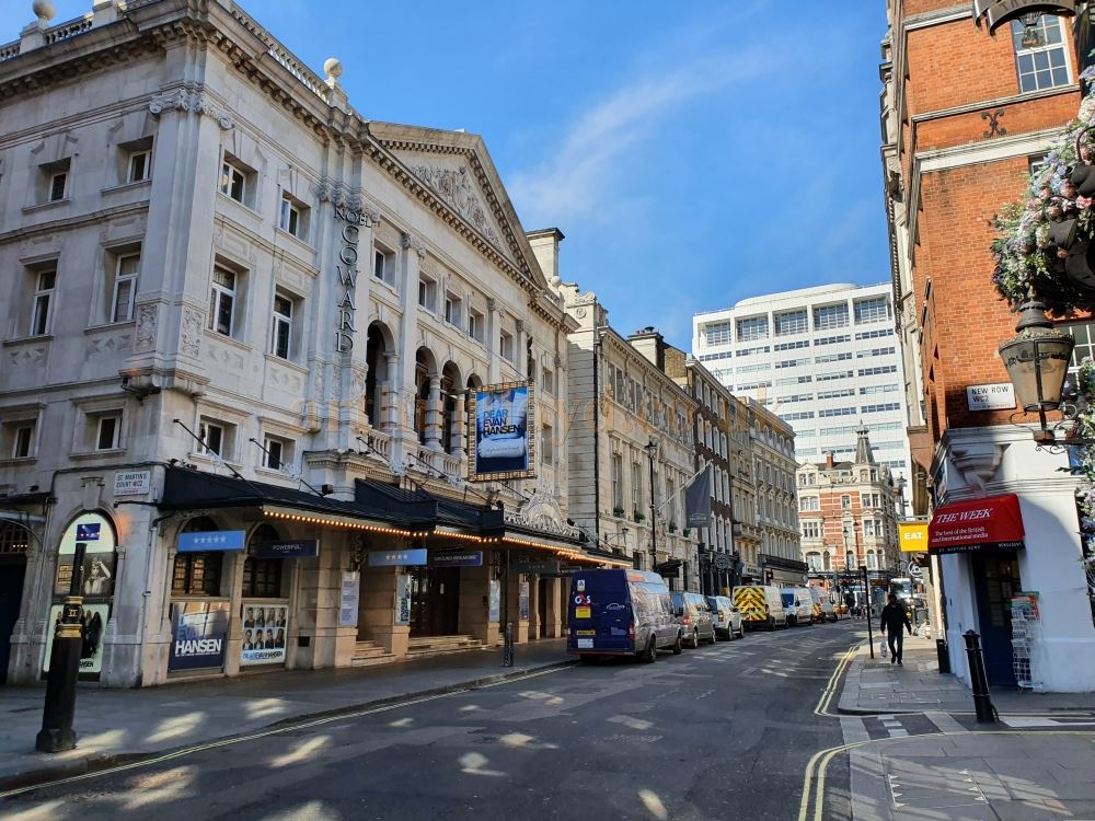 The Noel Coward Theatre on an almost deserted St. Martin's Lane which is normally full of traffic and people - on March the 23rd 2020 during the Coronavirus Pandemic - Photo M.L.