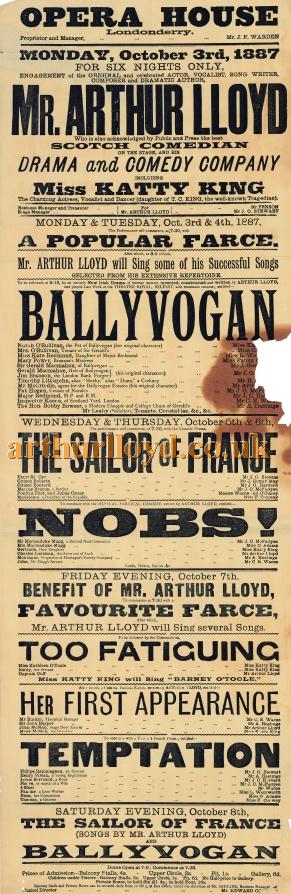 A Poster for Arthur Lloyd and his wife Katty King in the  play written by Arthur called 'Ballyvogan' at the Opera House, Londonderry October 3rd 1887 - Click to Enlarge.